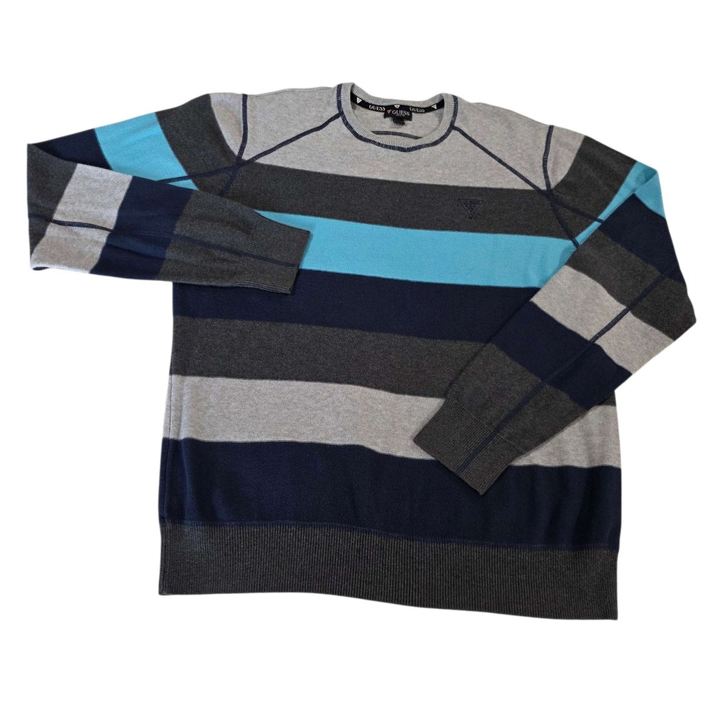 GUESS Mens Crew Neck Long Sleeve‎ Striped Sweater Blue Grey XL Cotton Preppy Y2K